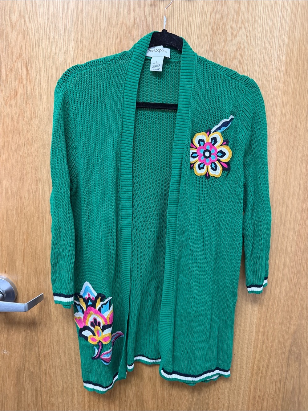 Peck & Peck 100% Cotton Emerald Green Open-Front Cardigan with Floral Appliqués